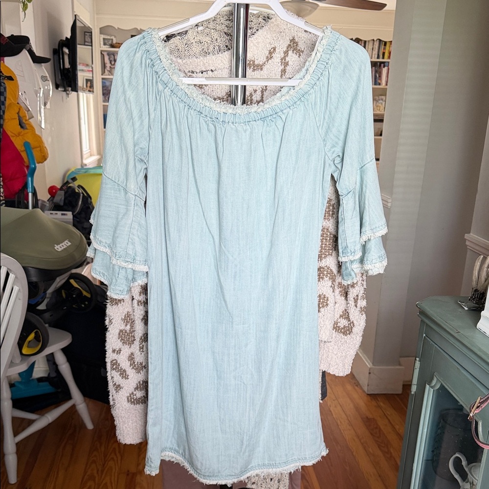 Boston Proper Light Blue Off-Shoulder Midi Dress with Ruffle Sleeves